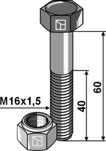 Zeskantmoer M16x1,5x60 met borgmoer