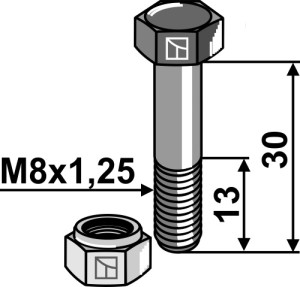Zeskantbout M8x1,25x30 met borgmoer