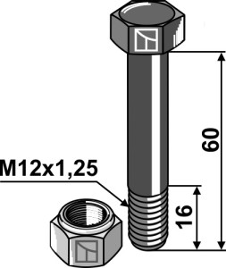 Zeskantbout M12x1,25x60 met borgmoer