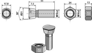 Scharschraube M16x2x55 mit Sechskantmutter