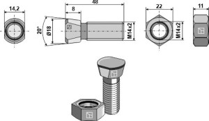 Plough bolt M14x2x48 with hexagon nut