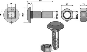 Plough bolt M16x1,5x60 and hexagon nut
