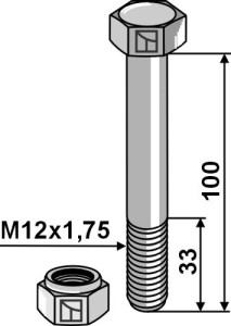 Zeskantbout M12x1,75x100 met borgmoer