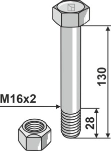 Zeskantbout M16x2x130 met borgmoer