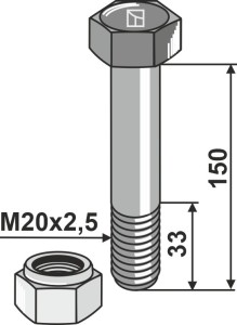 Zeskantbout M20x2,5x150 met borgmoer