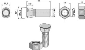 Ploegbout 1/2''UNCx40 met zeskantmoer