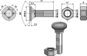 Ploegbout M10x1,5x33 met zeskantmoer