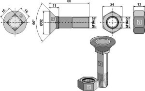 Ploegbout M16x2x60 met zeskantmoer