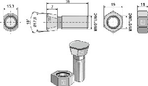 Ploegbout 1/2''UNCx36 met zeskantmoer